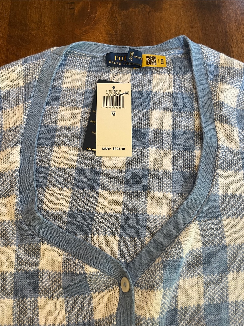 NWT Ralph Lauren Gingham Light Blue & White Short Sleeve Knit Cardigan - Picture 13 of 14